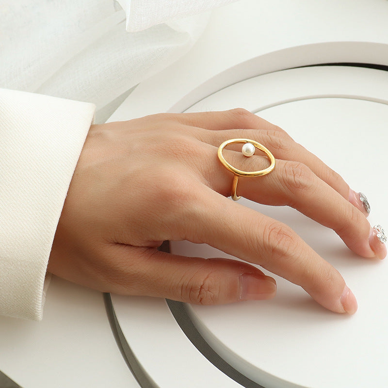 Simple Geometric Pearl Titanium Steel Ring with 18k Gold Plating
