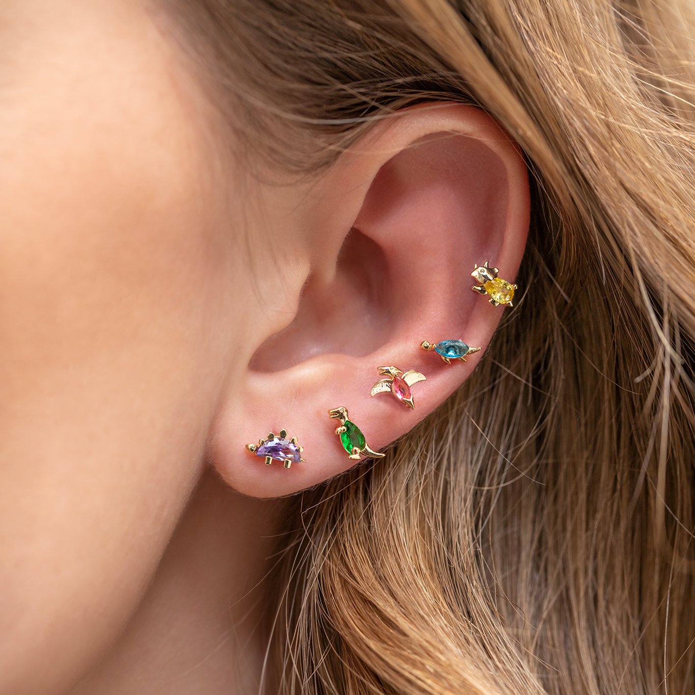 18K Gold Dinosaur and Tropical Animal Stud Earrings