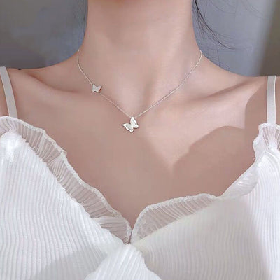 Exquisite Double Layer Frosted Butterfly Necklace Stainless Steel Clavicle Chain