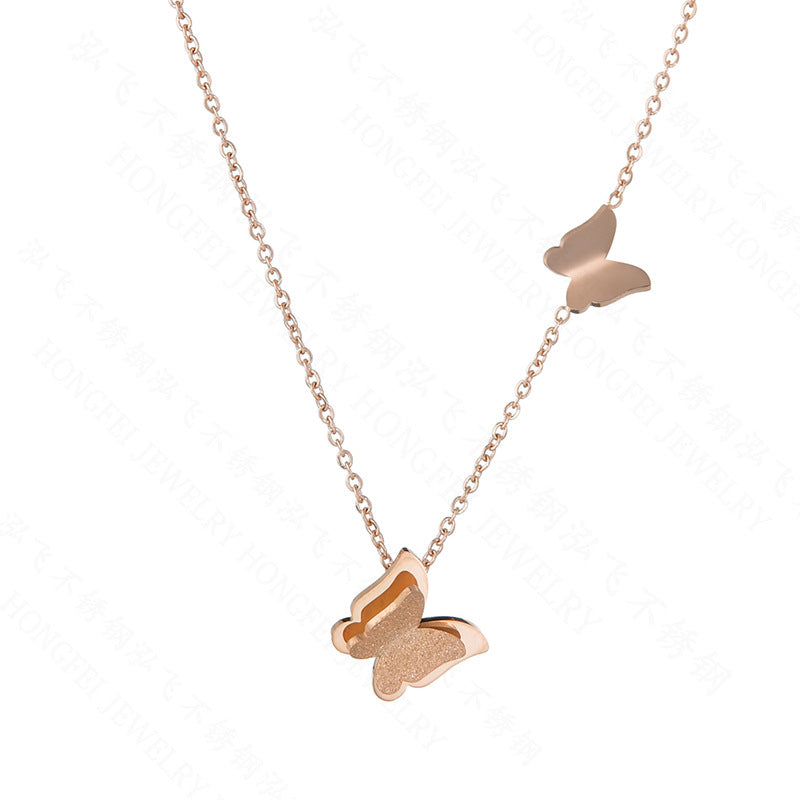 Exquisite Double Layer Frosted Butterfly Necklace Stainless Steel Clavicle Chain