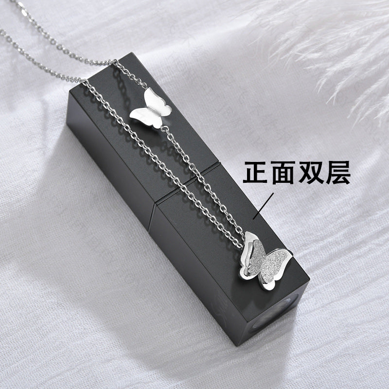 Exquisite Double Layer Frosted Butterfly Necklace Stainless Steel Clavicle Chain