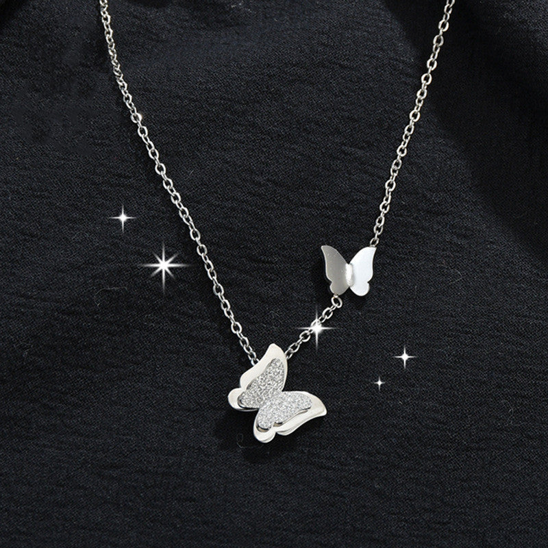 Exquisite Double Layer Frosted Butterfly Necklace Stainless Steel Clavicle Chain