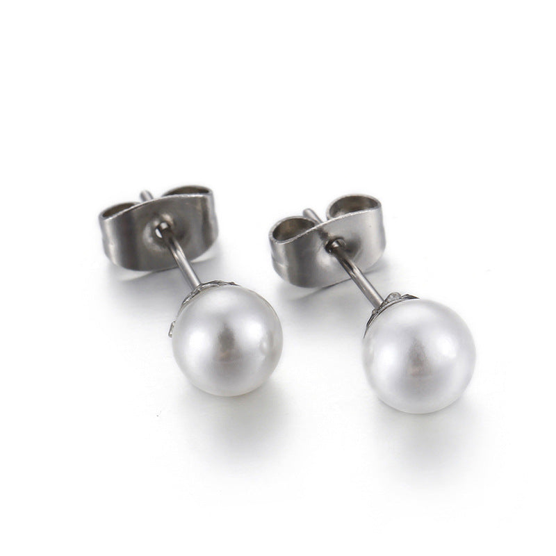 Stainless Steel Pearl Stud Earrings 925 Silver Vintage Style Jewelry