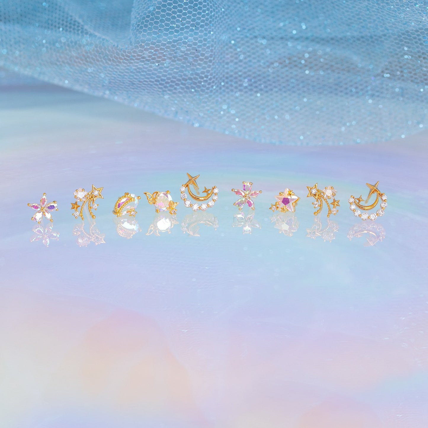 Starry Sky 18K Gold Plated Planet Moon Stud Earrings