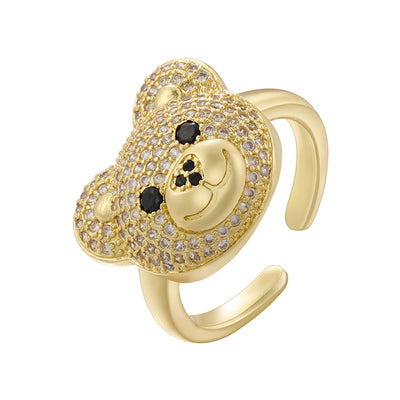 Streetwear Cute Bear Zircon 18K Gold Plated Adjustable Ring