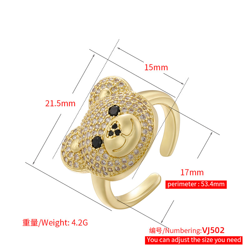 Streetwear Cute Bear Zircon 18K Gold Plated Adjustable Ring