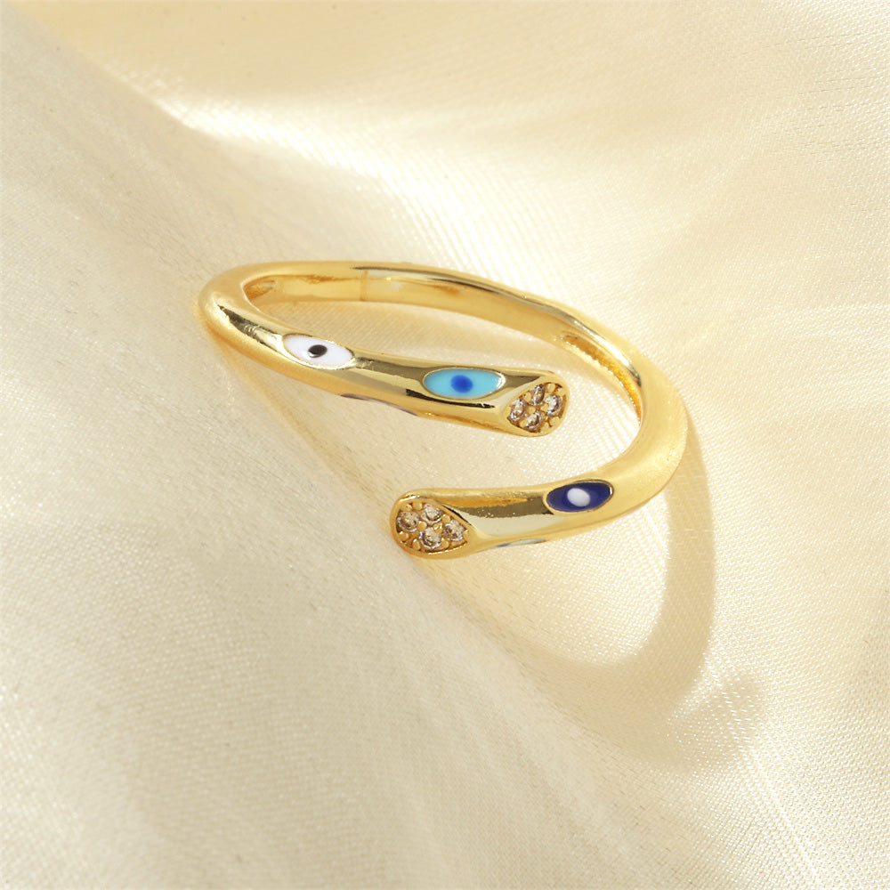 Streetwear Colorful Eye Zircon 18K Gold Plated Open Ring