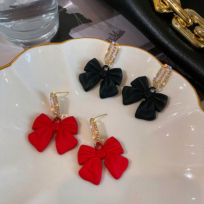 Sweet Bow Knot Rhinestone Drop Earrings with S925 Silver Needle - Black Butterfly Design 2023 Edition