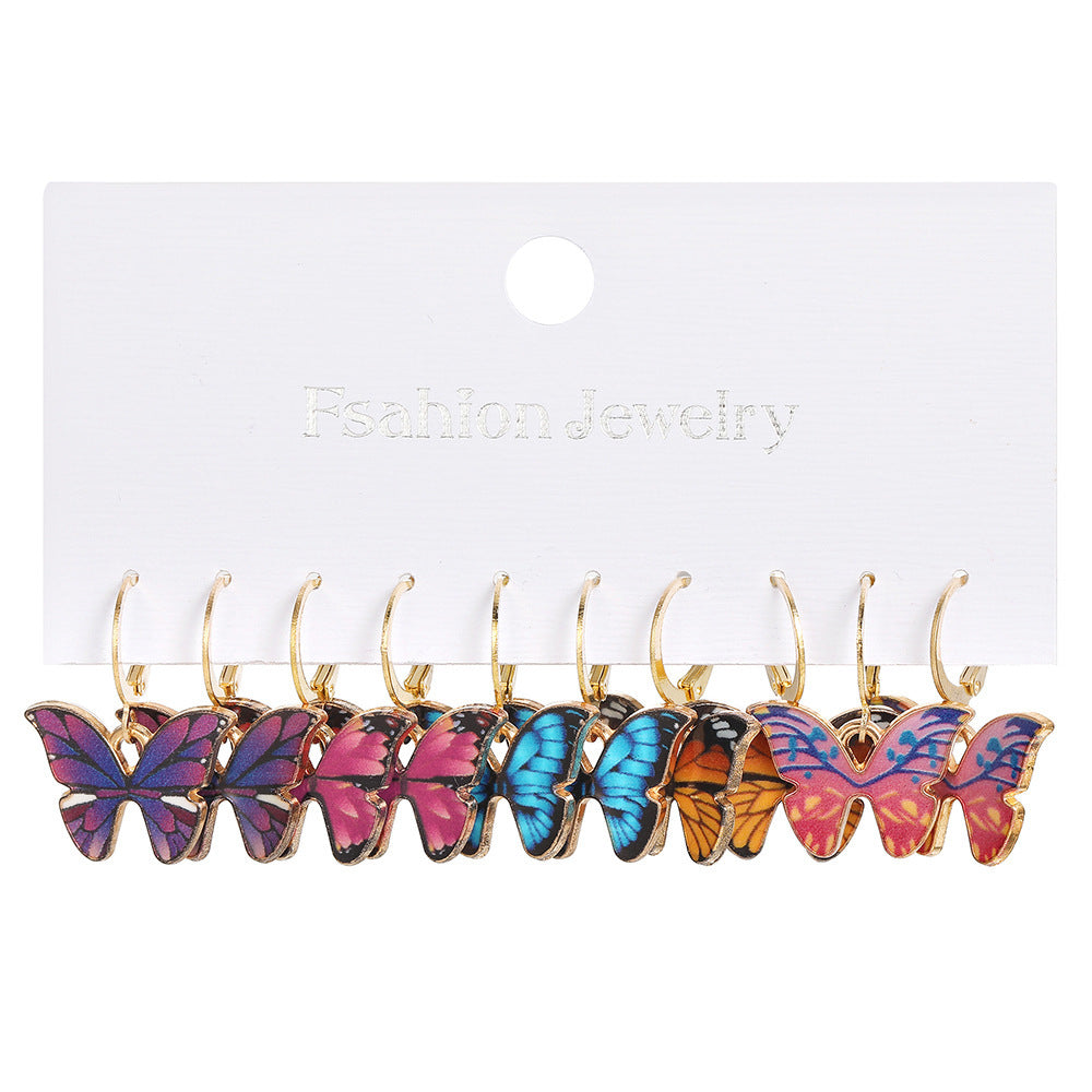 Colorful Enamel Butterfly Earrings Set - 5 Pairs Vintage Style