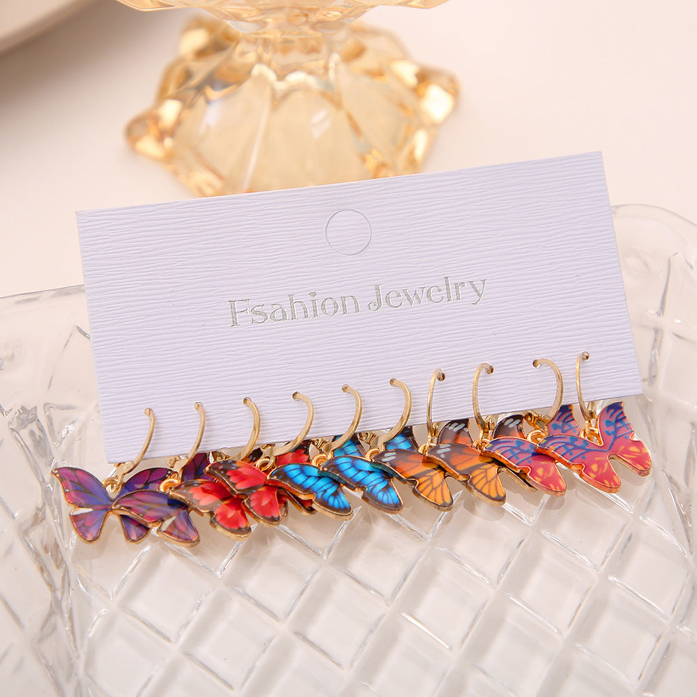 Colorful Enamel Butterfly Earrings Set - 5 Pairs Vintage Style