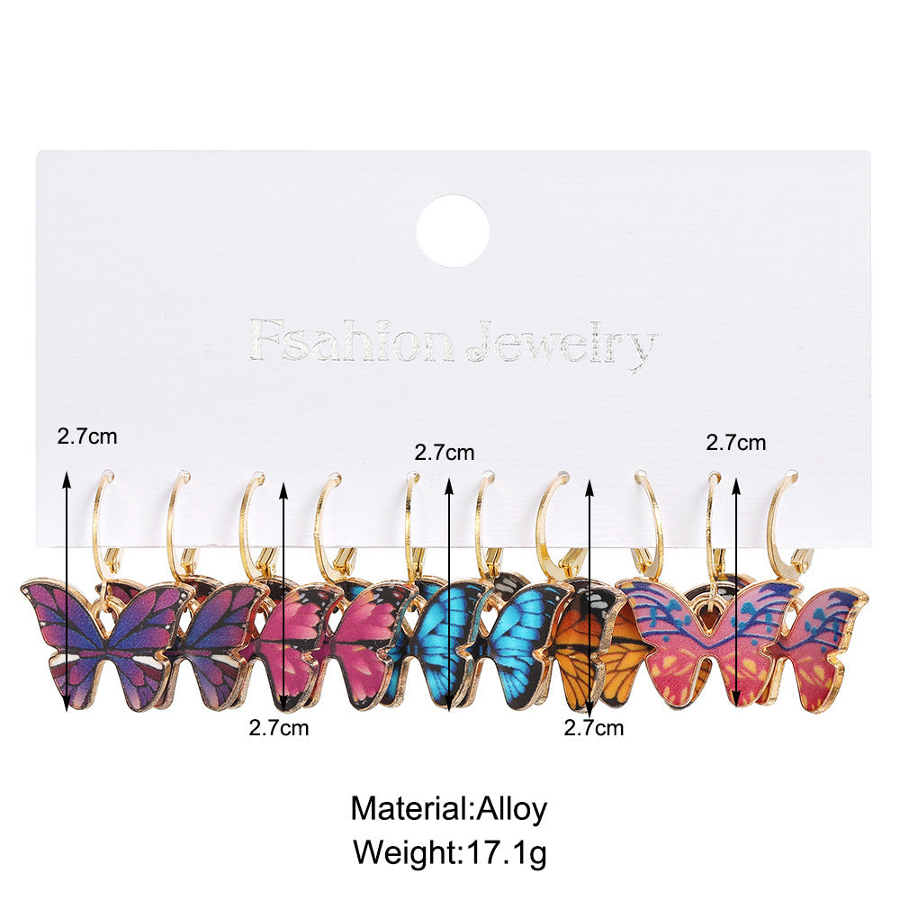 Colorful Enamel Butterfly Earrings Set - 5 Pairs Vintage Style