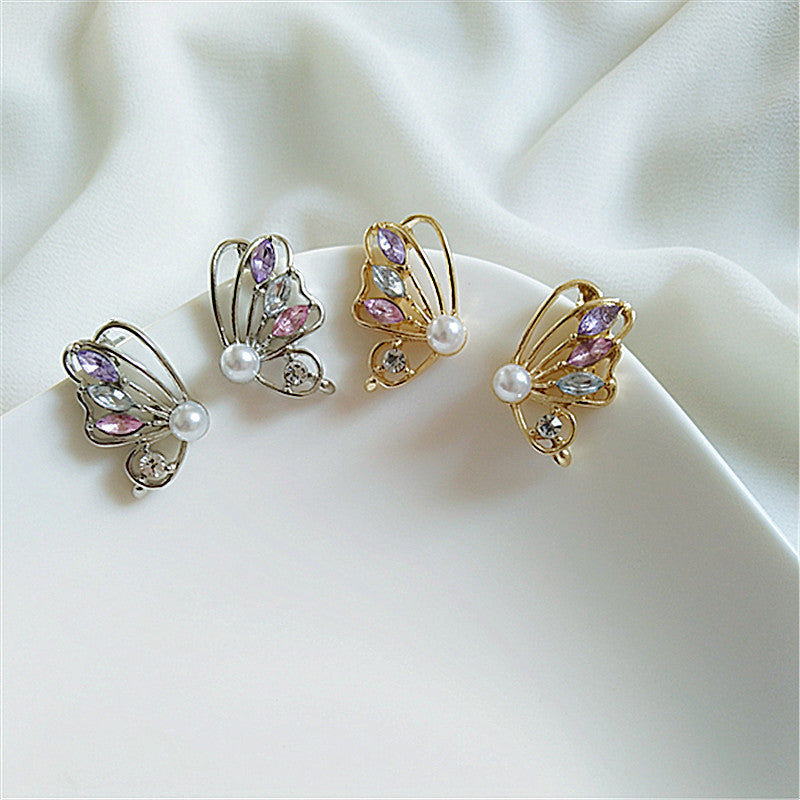 Sweet Butterfly Inlay Pearl Rhinestone Sterling Silver Earrings