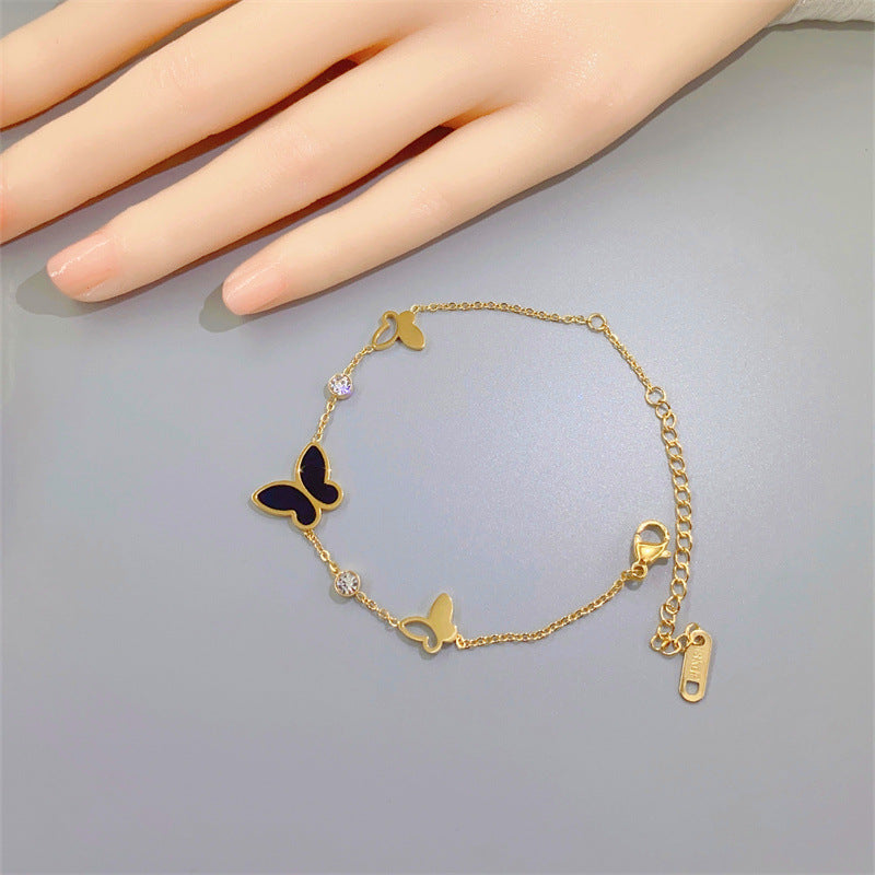 Sweet Butterfly 18K Gold Plated Titanium Steel Bracelet with Rhinestones and Shell Inlay