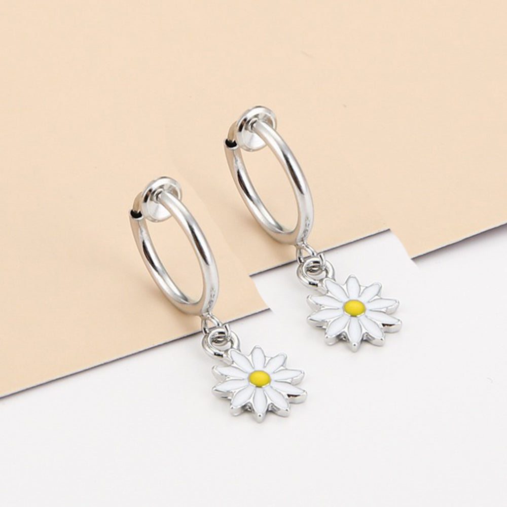 Sweet Daisy Stainless Steel Clip-On Hoop Earrings Unisex Fashion Jewelry