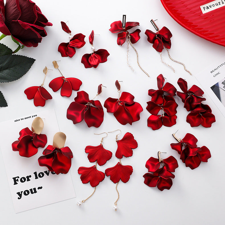 Sweet Red Rose Petal Tassel Earrings - Retro Long Acrylic Bridal Jewelry