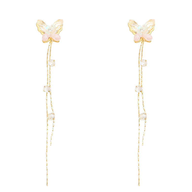 Sweet Korean Style Crystal Butterfly Tassel Drop Earrings for Women