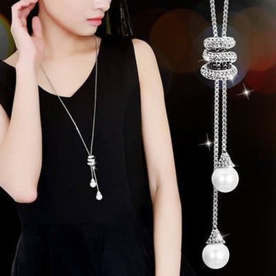 Sweet Rhinestone Spiral Long Pearl Necklace
