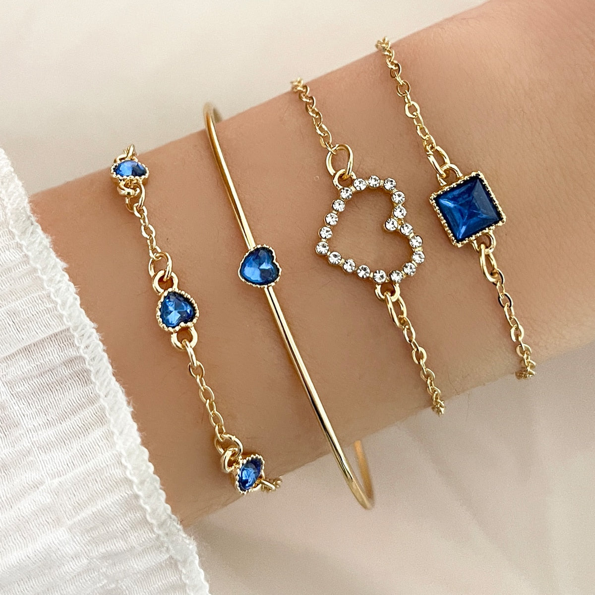 Sweet Streetwear Square Heart Gemstone Metal Bracelet Set - 4 Pieces