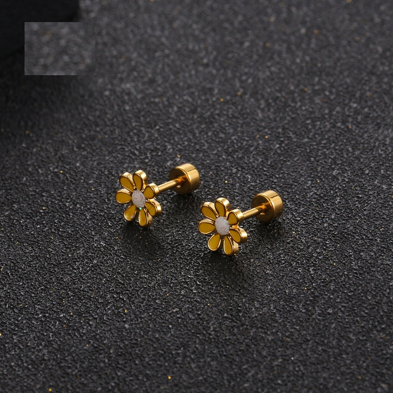 Three-Dimensional Petal Flower Titanium Steel Earrings and Ear Clip