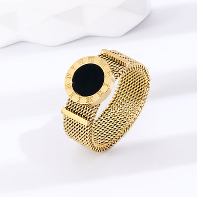 Titanium Steel Roman Numeral Black Shell Ring with Gold Mesh Strap Design