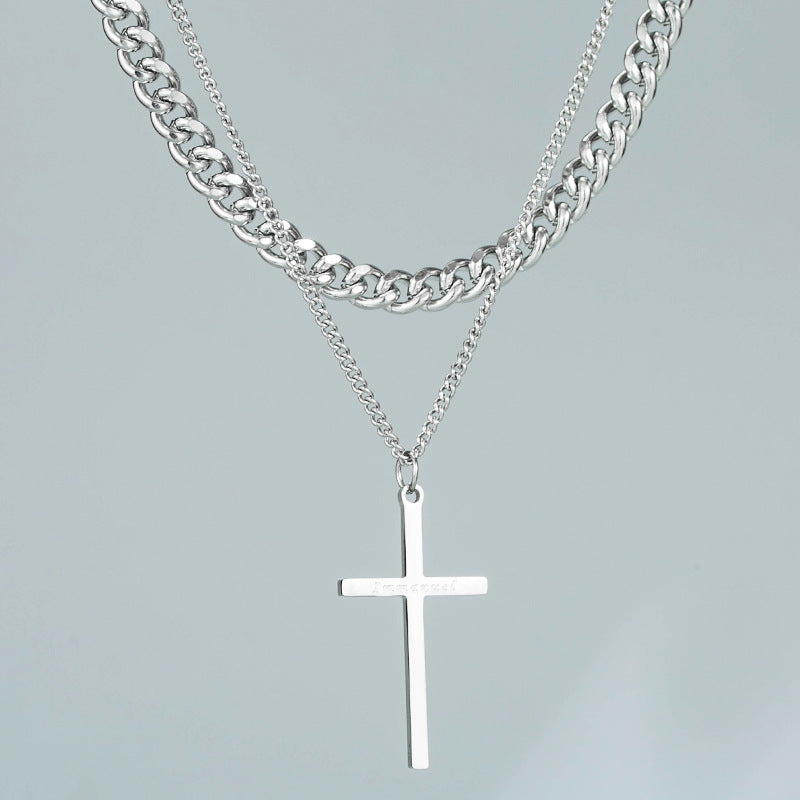 Trendy Cross Double Layer Twin Necklace with Cuban Chain for Men