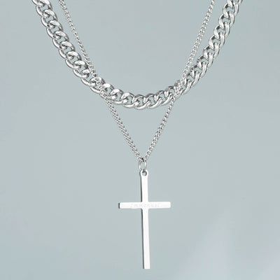 Trendy Design Sense Internet Celebrity Same Style Personality Cross Double Layer Twin Necklace All-Match Cold Sweater Chain Accessories