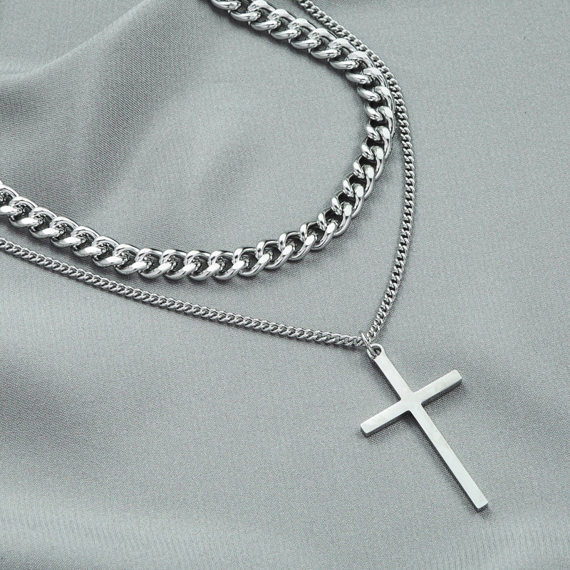 Trendy Cross Double Layer Twin Necklace with Cuban Chain for Men