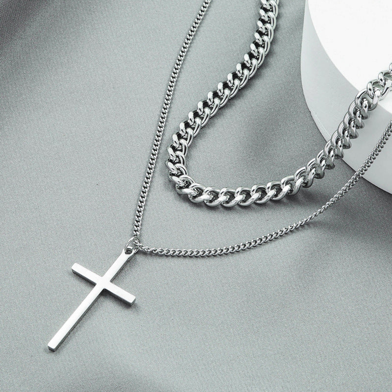 Trendy Cross Double Layer Twin Necklace with Cuban Chain for Men