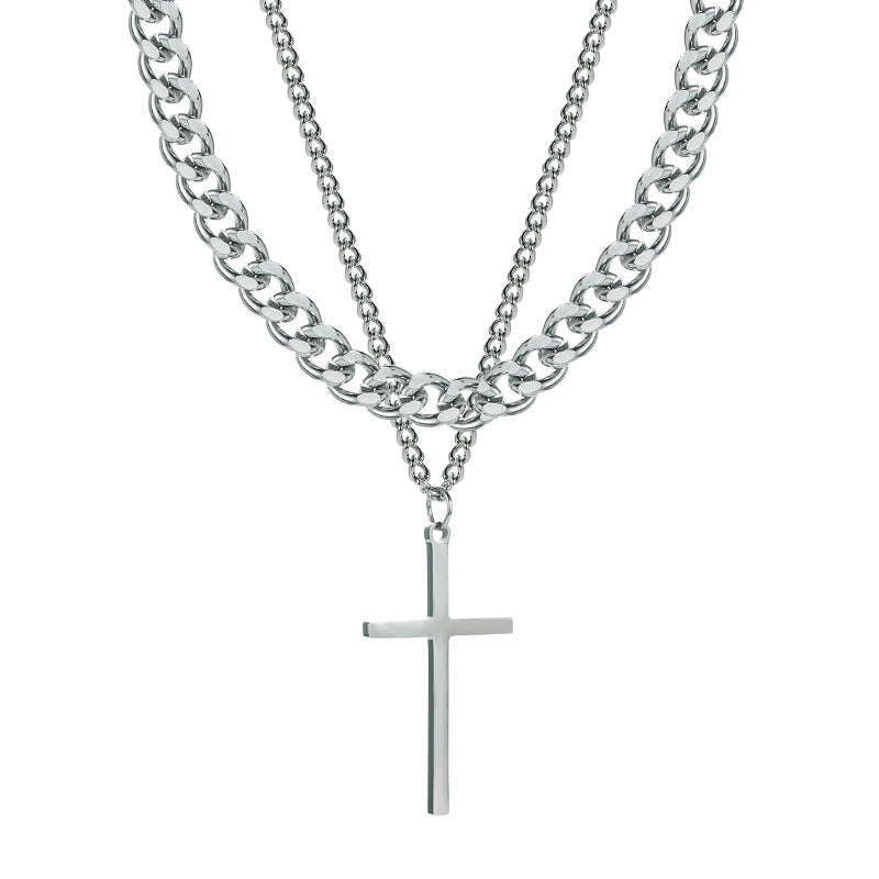 Trendy Cross Double Layer Twin Necklace with Cuban Chain for Men