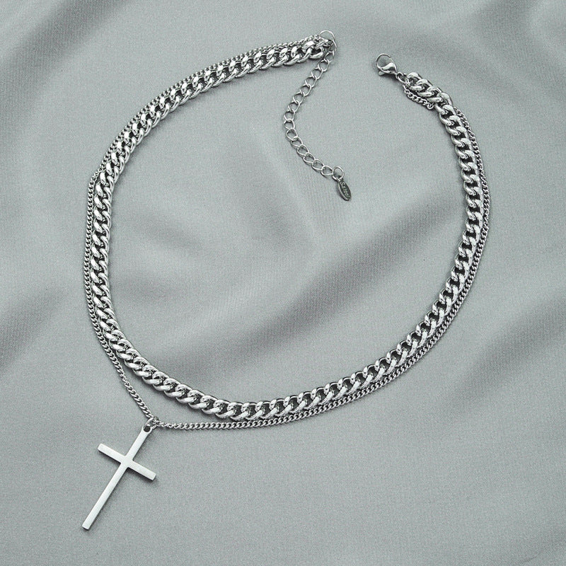 Trendy Cross Double Layer Twin Necklace with Cuban Chain for Men