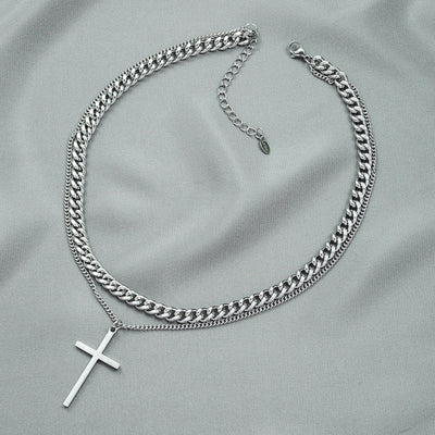 Trendy Design Sense Internet Celebrity Same Style Personality Cross Double Layer Twin Necklace All-Match Cold Sweater Chain Accessories