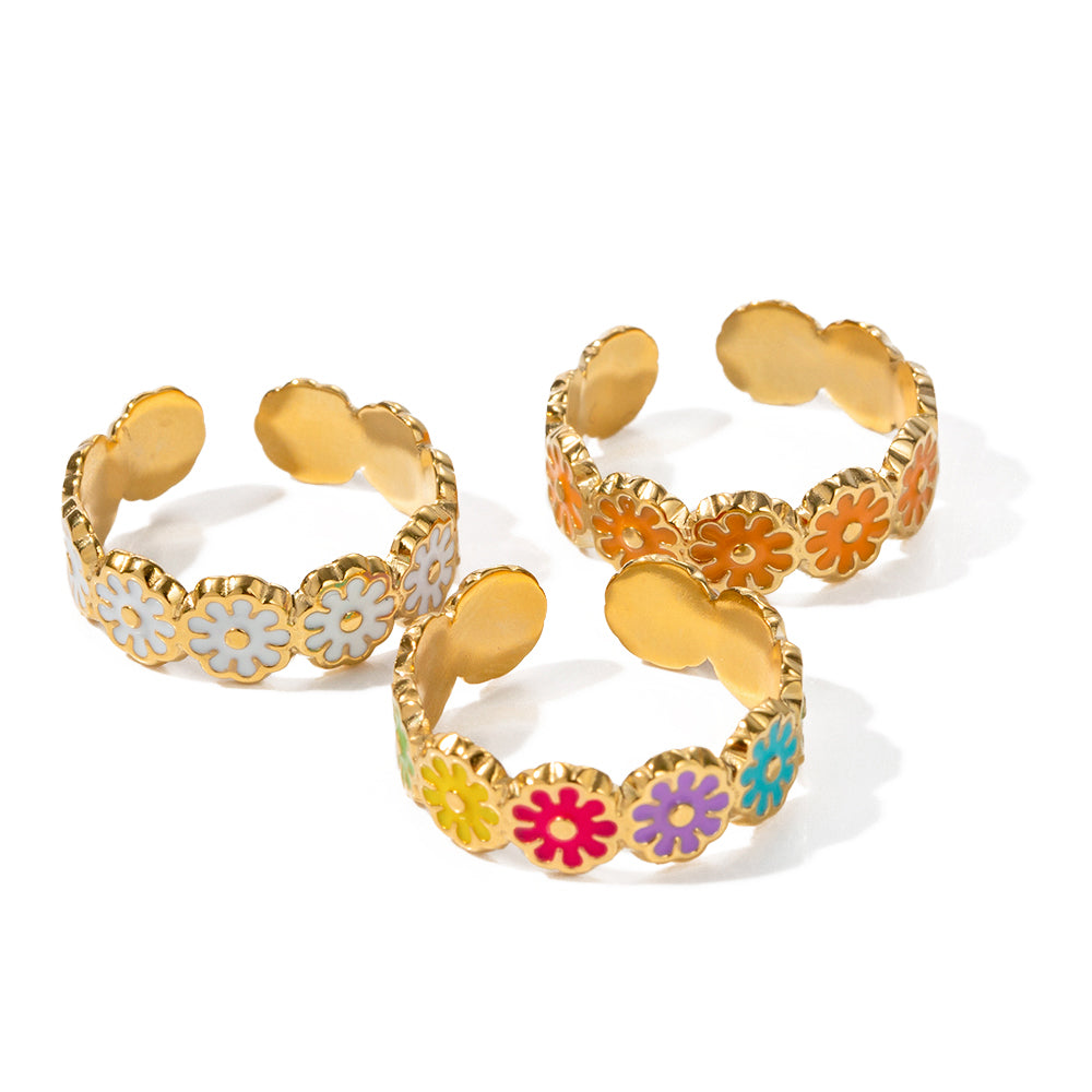 Vacation Enamel Daisy Adjustable 18K Gold Plated Stainless Steel Ring