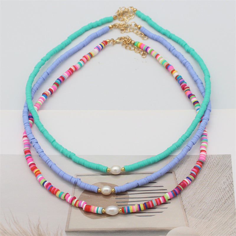 Bohemian Geometric Pearl Beaded Clay Necklace for Women