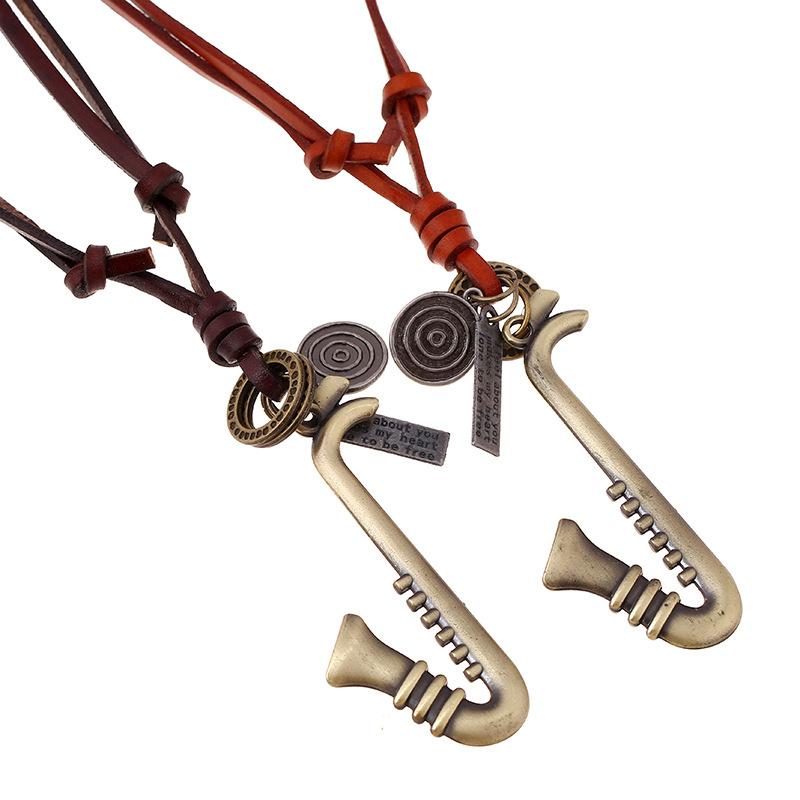 Vintage Cowhide Rope Alloy Musical Instrument Necklace Sweater Chain Long Fashion Jewelry