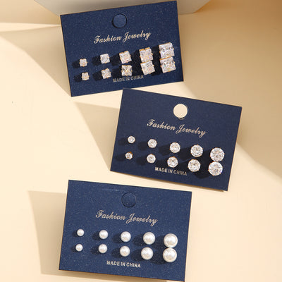 Vintage Elegant Geometric Six-Claw Crystal Zircon Pearl Stud Earrings Set 15 Pairs