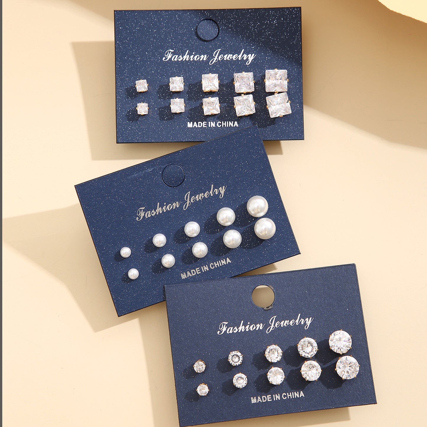 Vintage Geometric Crystal Zircon Pearl Stud Earrings Set - 15 Pairs