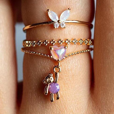 Vintage Heart-shaped Bear Star Moon Butterfly Alloy Rings Set