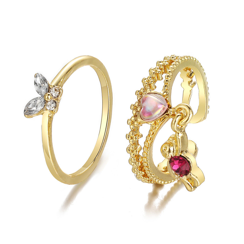 Vintage Heart-shaped Bear Star Moon Butterfly Alloy Rings Set