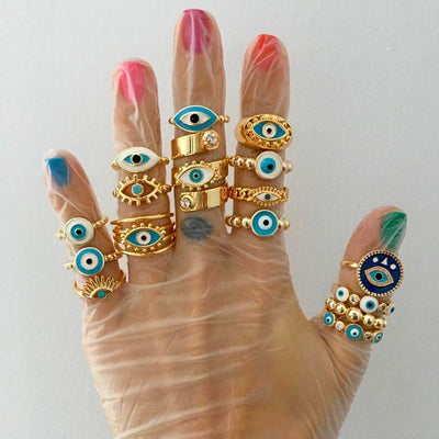 Vintage Oil Painting Devil's Eye Gold Plated Fashion Ring