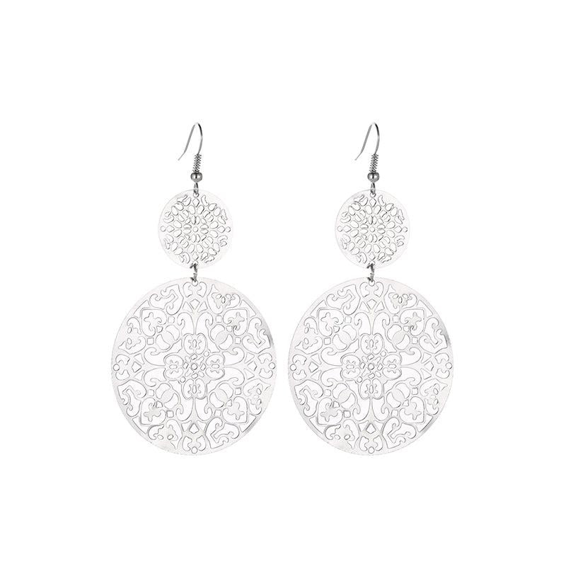 Vintage Geometric Carved Disc Drop Earrings