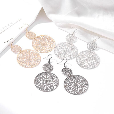 Vintage Geometric Carved Disc Drop Earrings