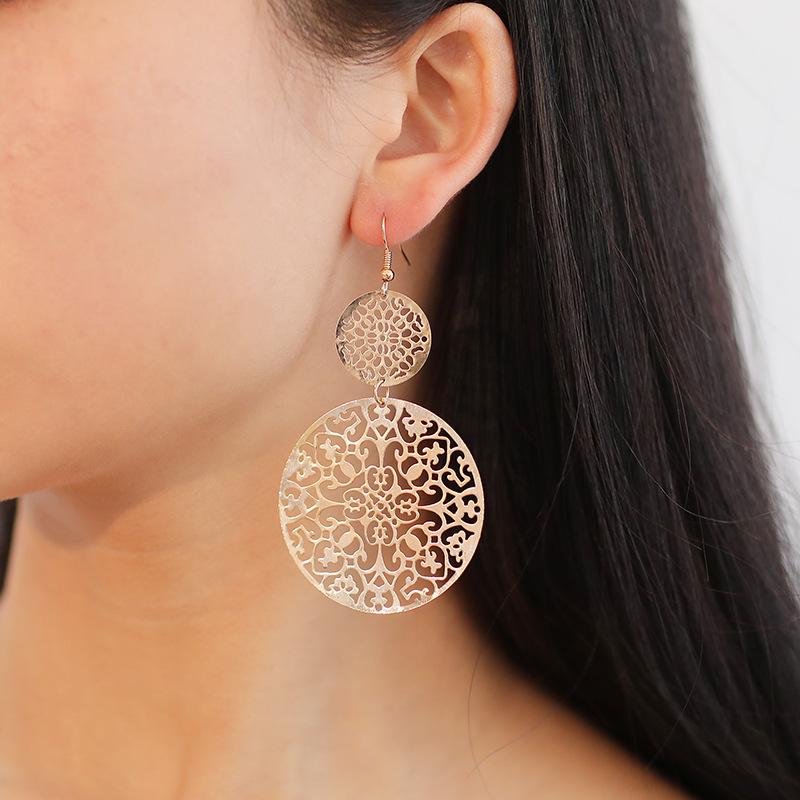 Vintage Geometric Carved Disc Drop Earrings