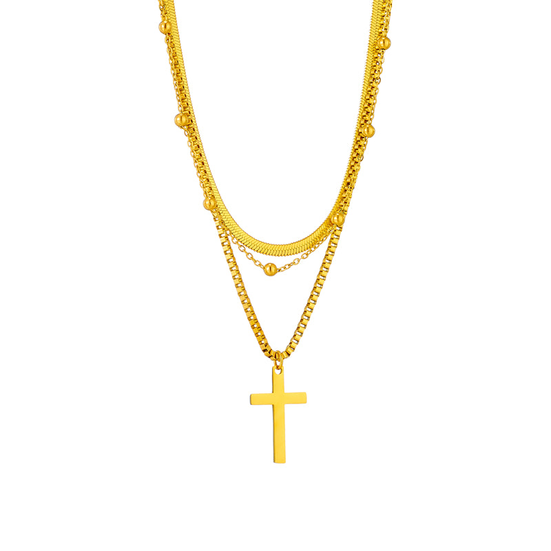 Vintage Titanium Steel Gold Plated Geometric Cross Heart Layered Necklace