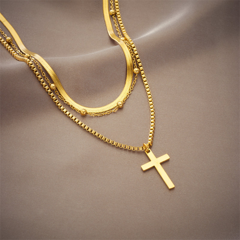 Vintage Titanium Steel Gold Plated Geometric Cross Heart Layered Necklace