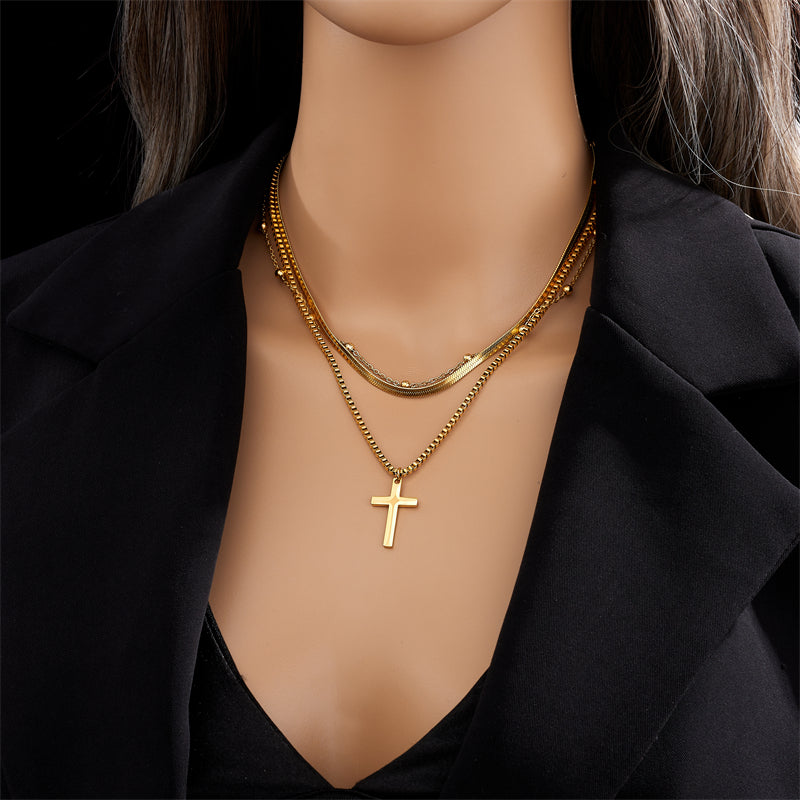 Vintage Titanium Steel Gold Plated Geometric Cross Heart Layered Necklace