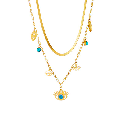 Vintage Style Eye Stainless Steel Layered Necklaces Gold Plated Turquoise Stainless Steel Necklaces