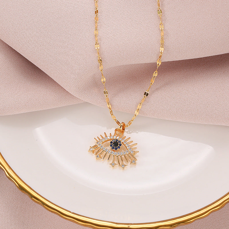Vintage Evil Eye Blue Zircon Inlay Stainless Steel Pendant Necklace