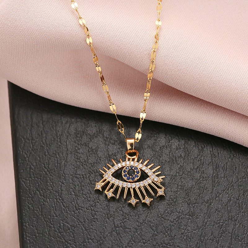 Vintage Evil Eye Blue Zircon Inlay Stainless Steel Pendant Necklace