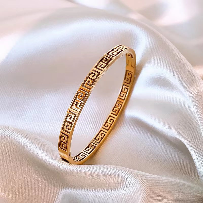 Vintage Geometric Titanium Steel Gold Plated Bangle Bracelet