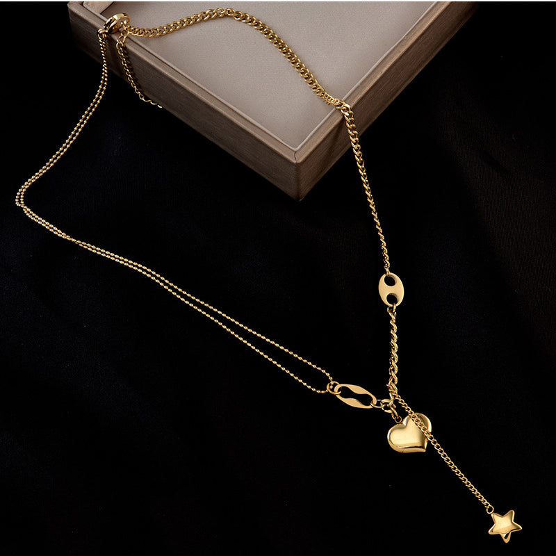 Vintage Style Heart Shape Stainless Steel Layered Necklaces Splicing Gold Plated Stainless Steel Necklaces